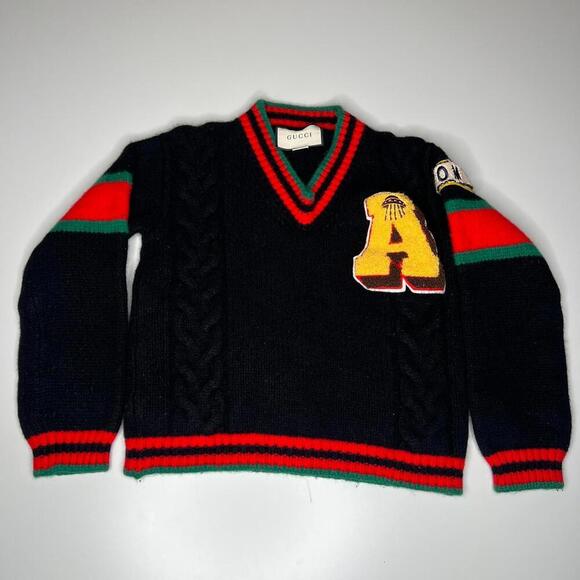 Gucci Wool Sweater XS Black Red Green Logo Patch Italy Made Pullover Preppy - Picture 1 of 12